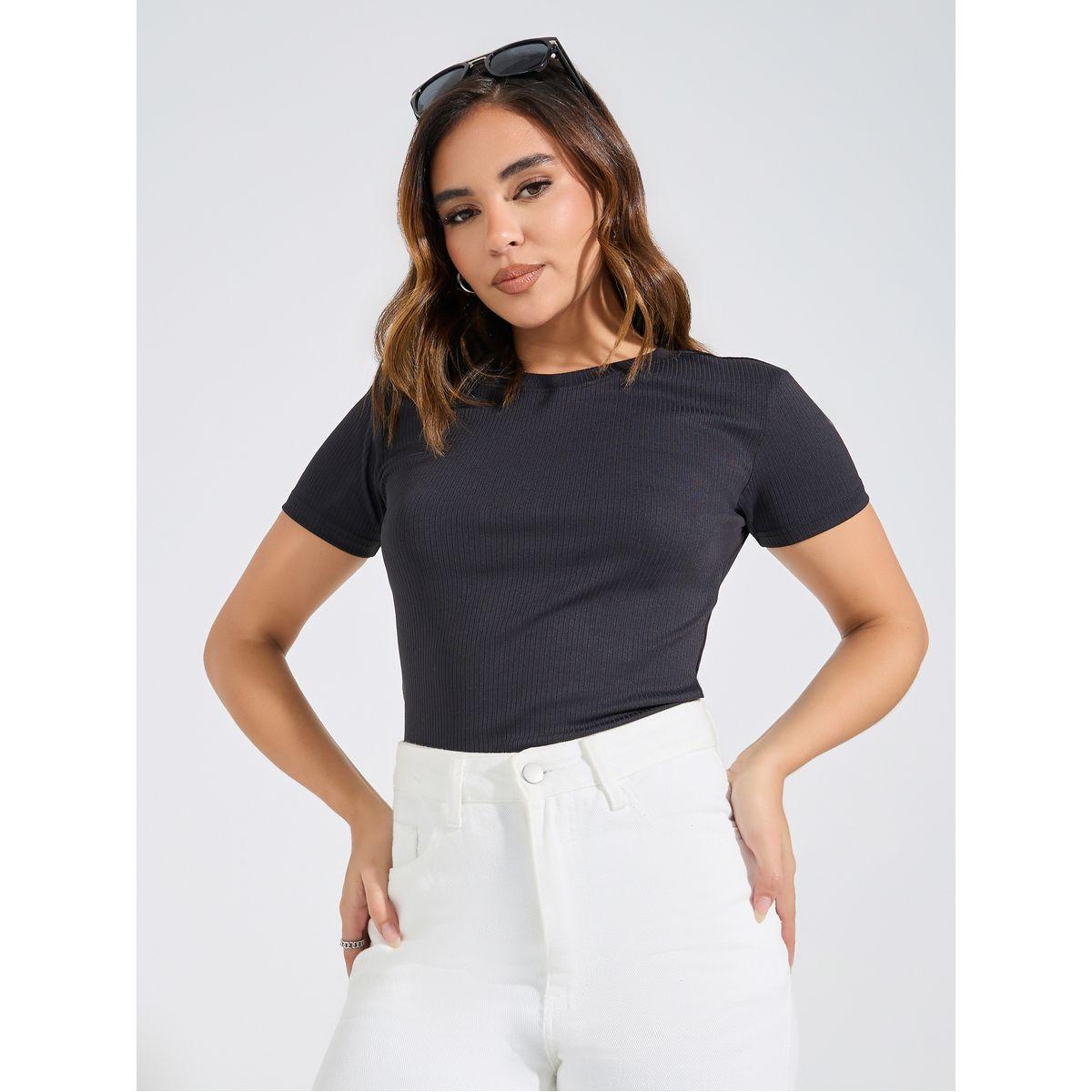 تيشيرت سادة مضلع بياقة دائرية-women-clothing-tshirts-image-3