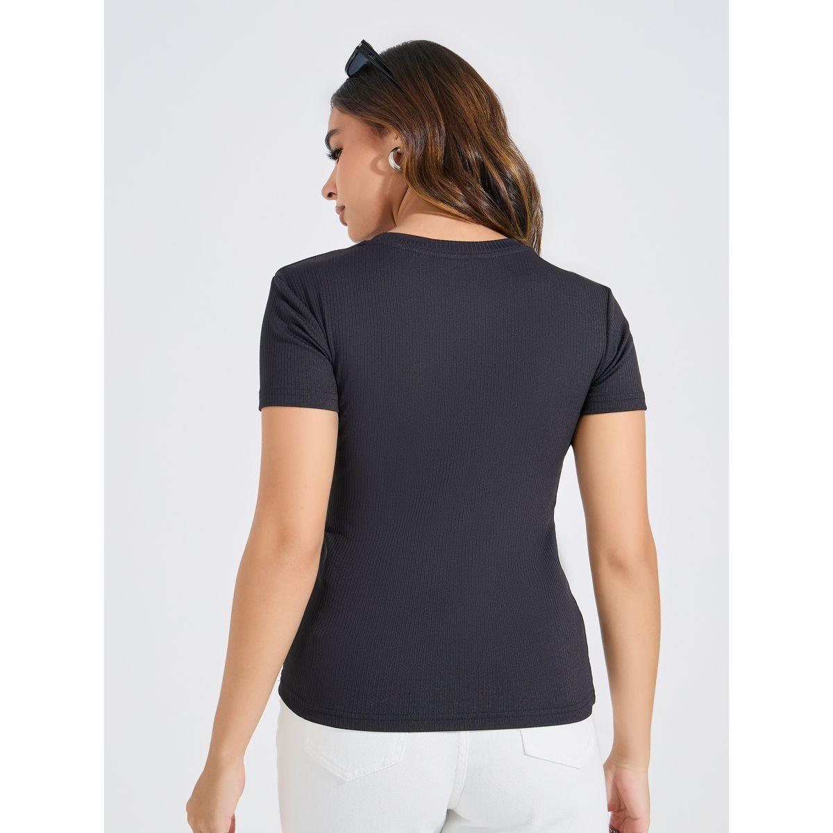 تيشيرت سادة مضلع بياقة دائرية-women-clothing-tshirts-image-6
