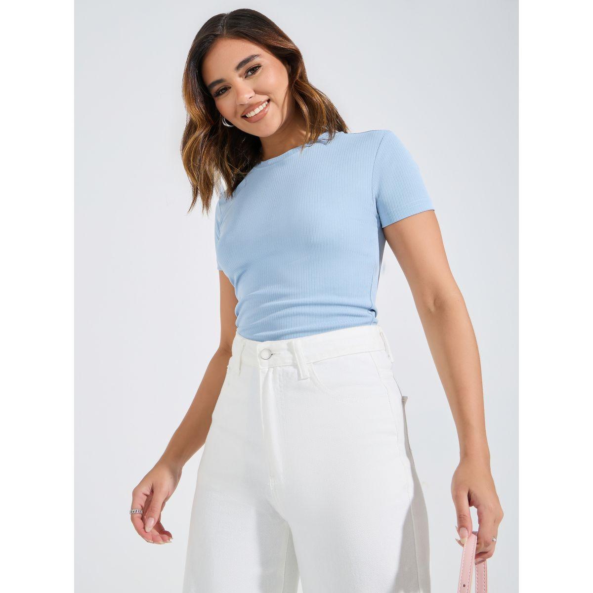 Styli Ribbed Fitted Round Neck Plain T-Shirt-women-clothing-tshirts-image-1