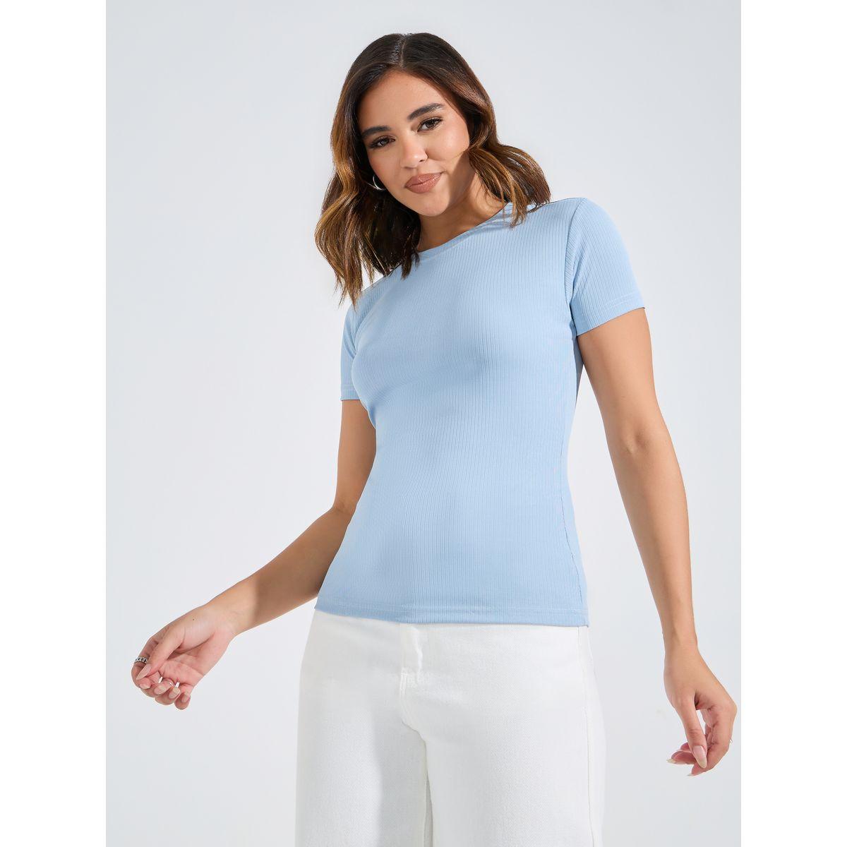 Styli Ribbed Fitted Round Neck Plain T-Shirt-women-clothing-tshirts-image-3