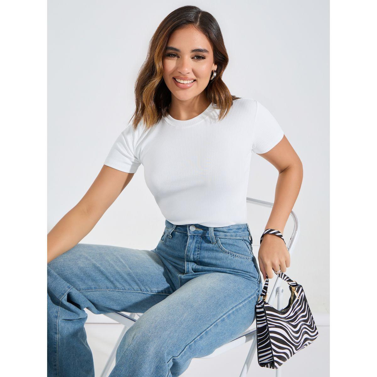 Styli Ribbed Fitted Round Neck Plain T-Shirt-women-clothing-tshirts-image-1