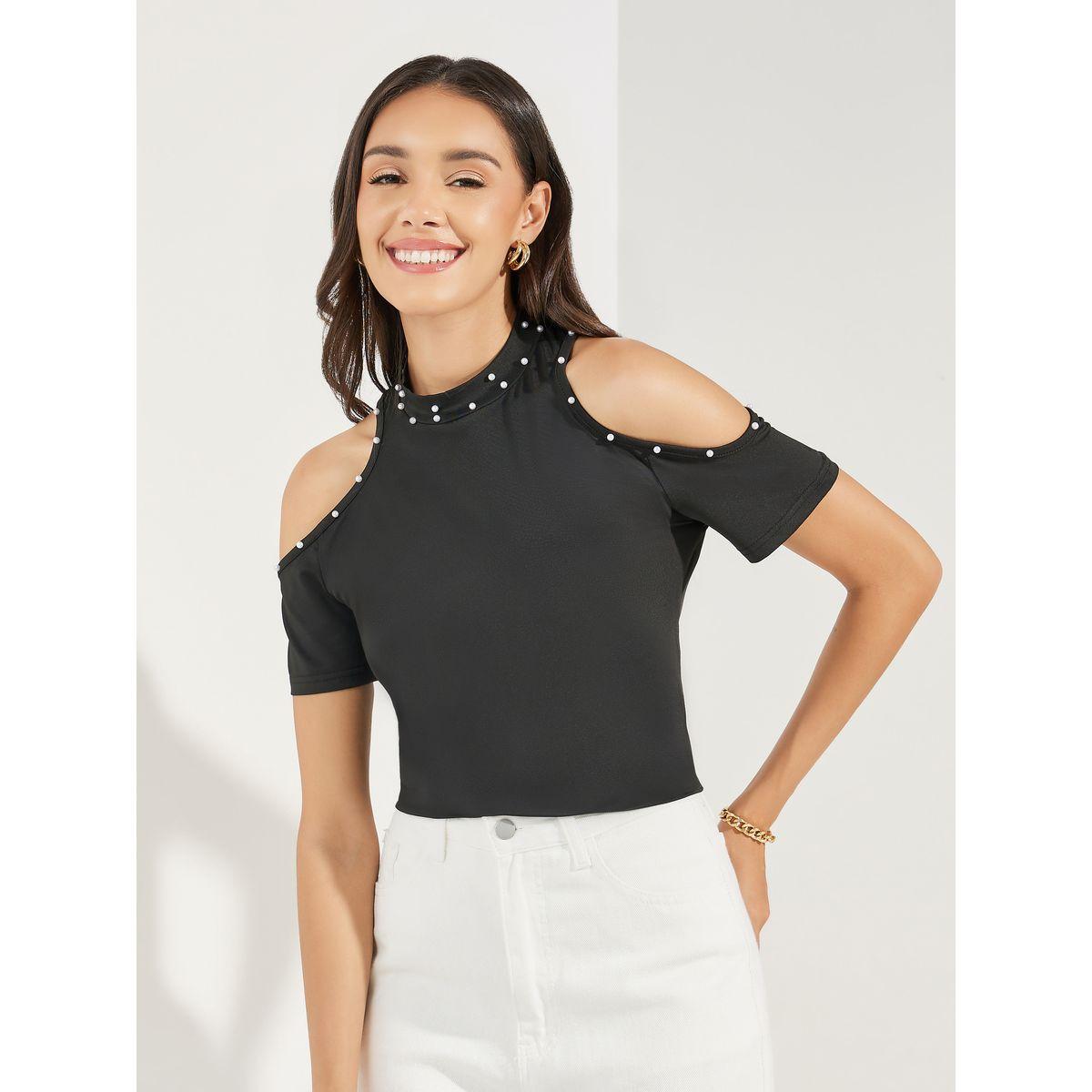 Styli Embellished Cold Shoulder Sleeves Top-women-clothing-tshirts-image-1