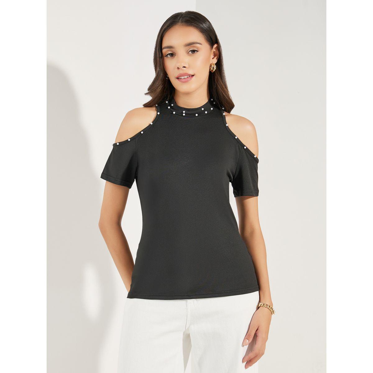 Styli Embellished Cold Shoulder Sleeves Top-women-clothing-tshirts-image-2