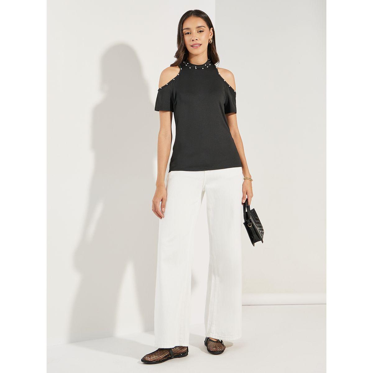 Styli Embellished Cold Shoulder Sleeves Top-women-clothing-tshirts-image-3