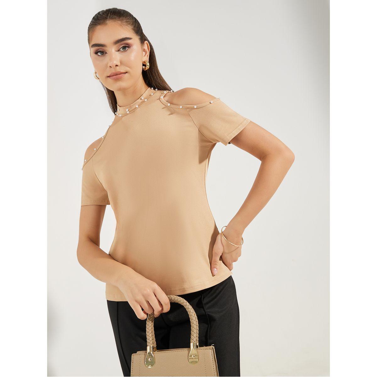 Styli Embellished Cold Shoulder Sleeves T-Shirt-women-clothing-tshirts-image-1