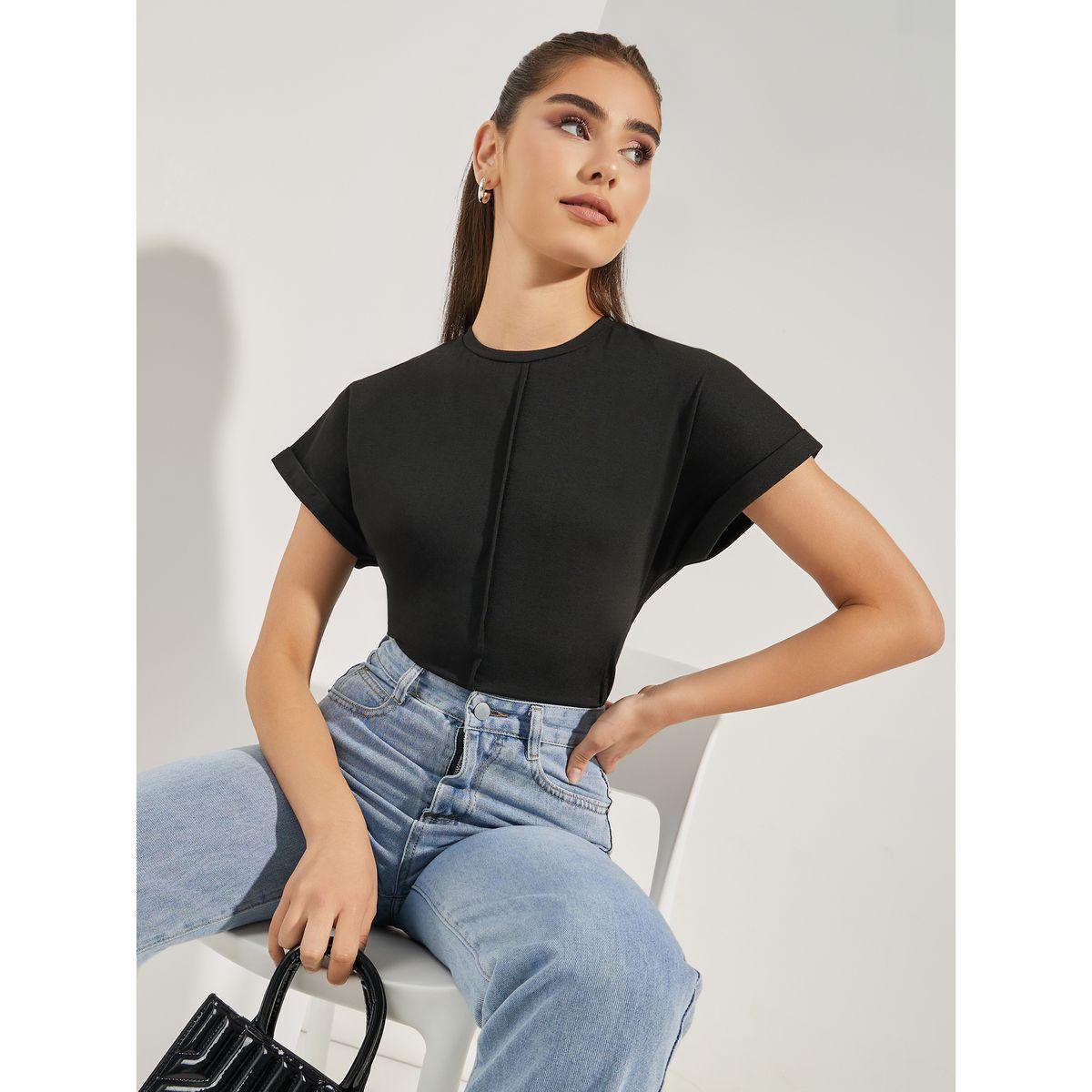تيشيرت بقصة عادية واكمام كاب-women-clothing-tshirts-image-1