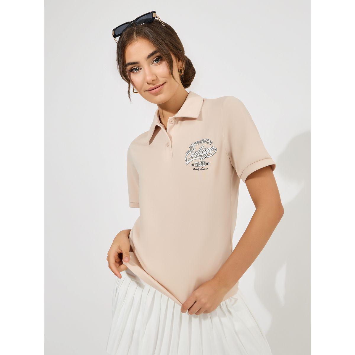 Styli Regular Fit Varsity Print Polo T-Shirt with Half Placket-women-clothing-tshirts-image-1