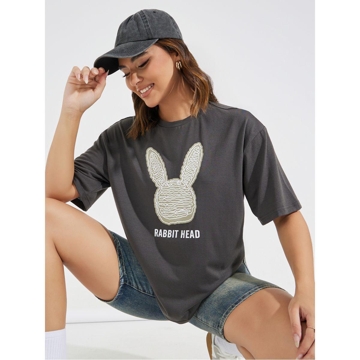 Styli Oversized Rabbit Graphic T-Shirt with Dropped Shoulder-women-clothing-tshirts-image-1