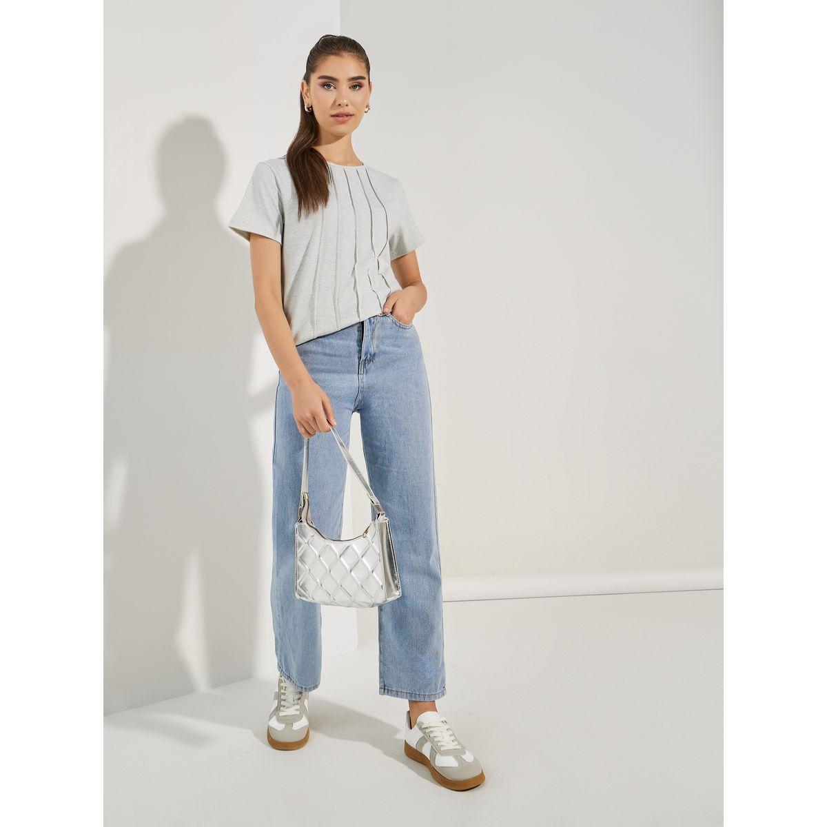 Styli Plain Pintuck Round Neck Short Sleeve T-shirt-women-clothing-tshirts-image-2