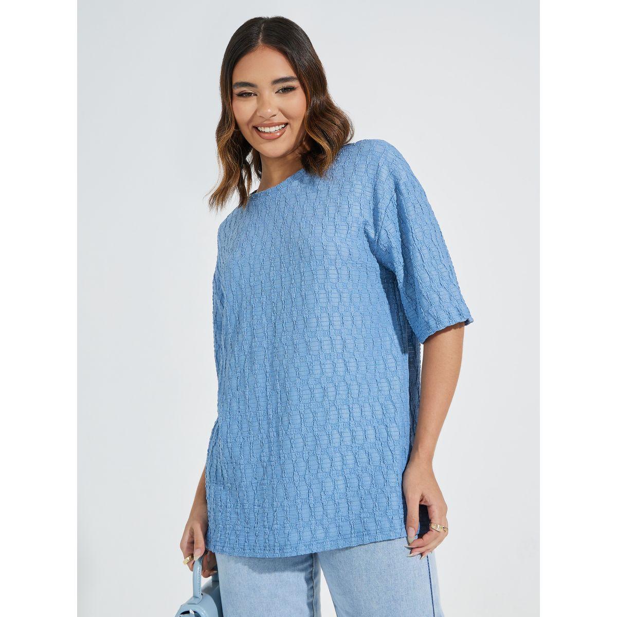 Styli Oversized Textured T-Shirt with Dropped Shoulder-women-clothing-tshirts-image-3