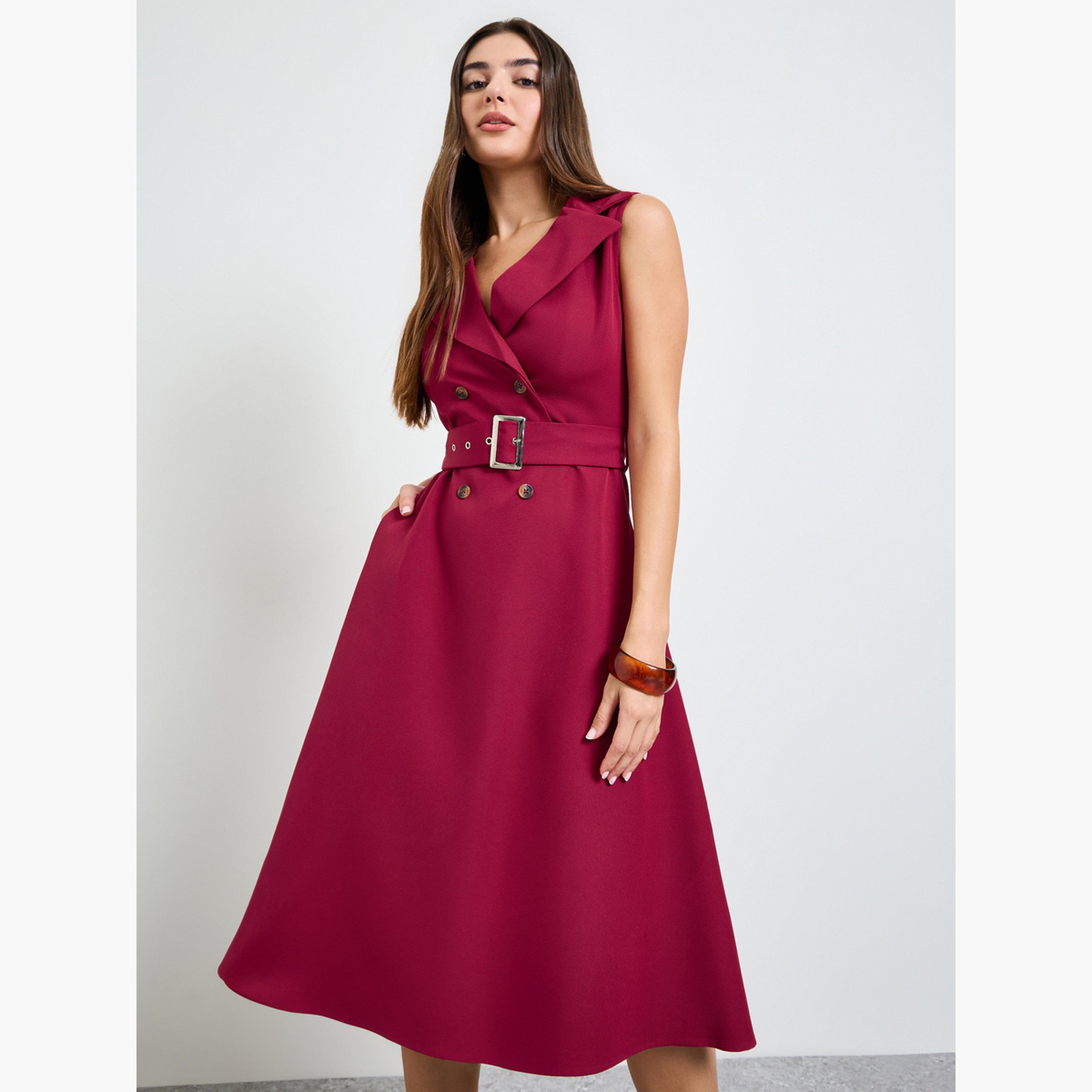 Styli Magenta Sleeveless Blazer Midi Dress with Belt-women-clothing-dresses-image-1