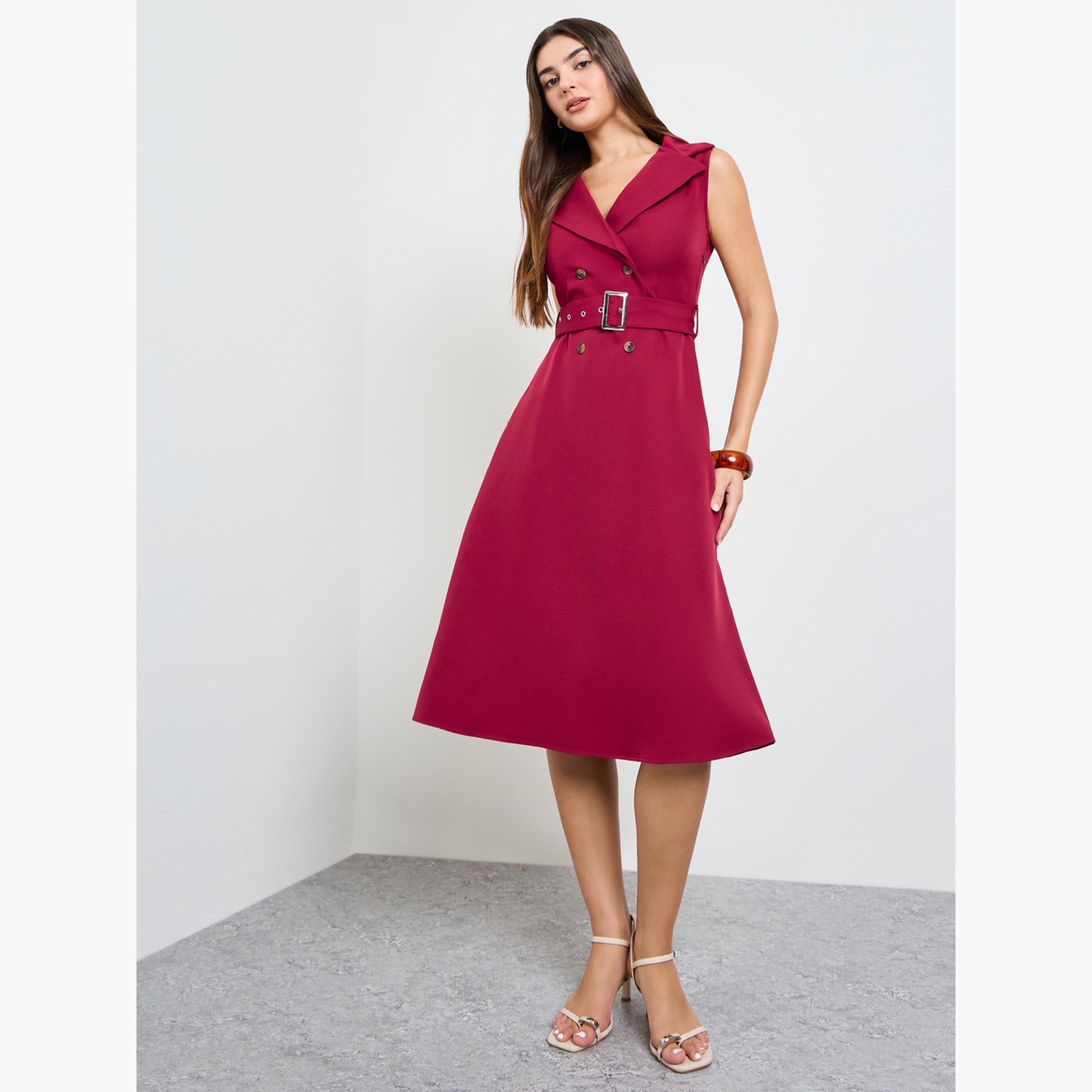 Styli Magenta Sleeveless Blazer Midi Dress with Belt-women-clothing-dresses-image-2