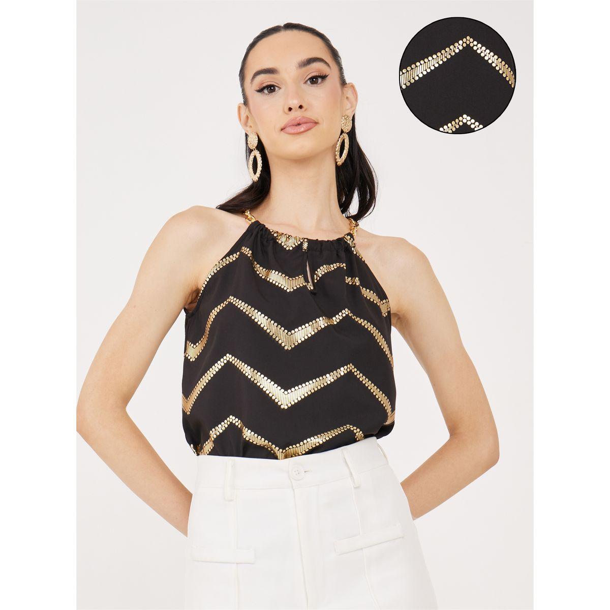 بلوزة بطبعة فويل وياقة هولتر مع سلسلة-women-clothing-shirtsandblouses-blouses-image-1