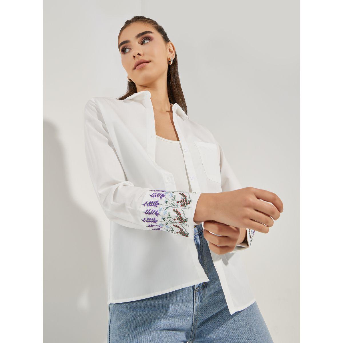 Styli Embroidery Detail Cuffed Long Sleeve Shirt-women-clothing-shirtsandblouses-shirts-image-1