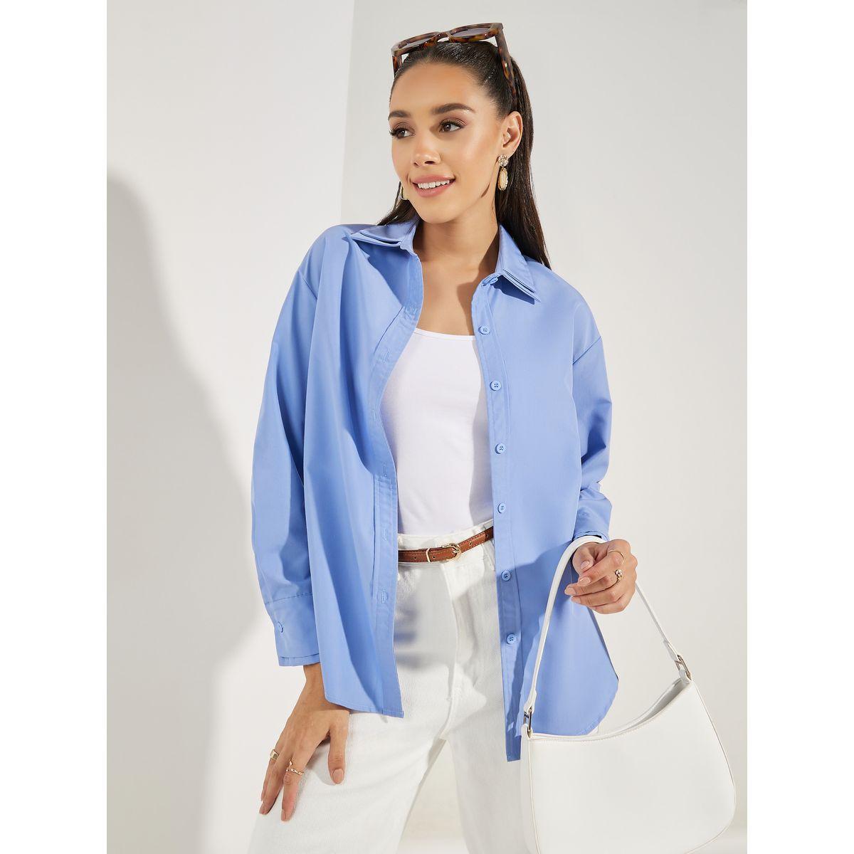 Styli Solid Woven Double Collar Oversized Shirt-women-clothing-shirtsandblouses-shirts-image-1