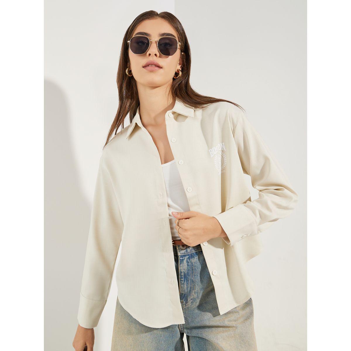 بلوزة شمبراي مطبعة بشعار مع ازرار-women-clothing-shirtsandblouses-shirts-image-1