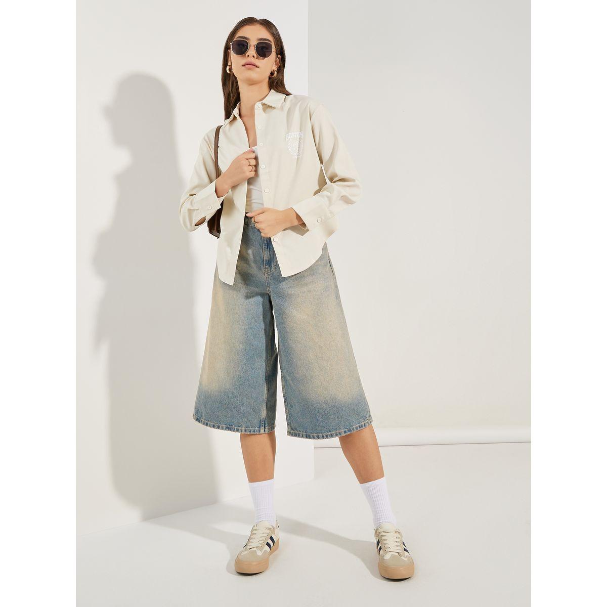 بلوزة شمبراي مطبعة بشعار مع ازرار-women-clothing-shirtsandblouses-shirts-image-2