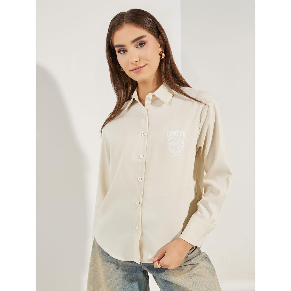 بلوزة شمبراي مطبعة بشعار مع ازرار-women-clothing-shirtsandblouses-shirts-image-3