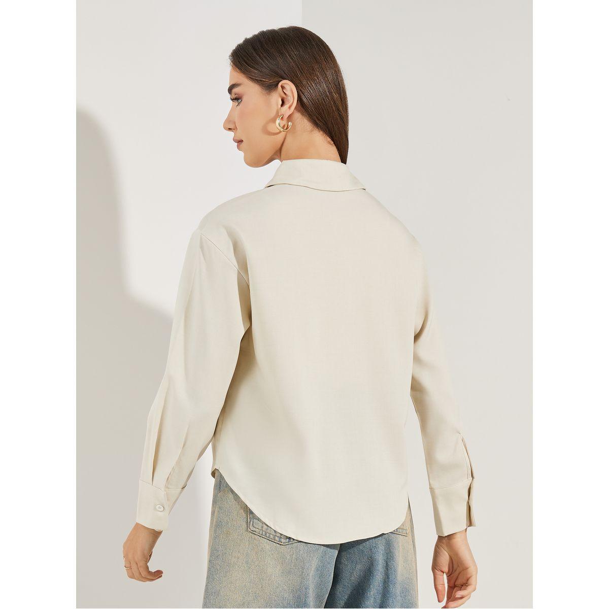 بلوزة شمبراي مطبعة بشعار مع ازرار-women-clothing-shirtsandblouses-shirts-image-5