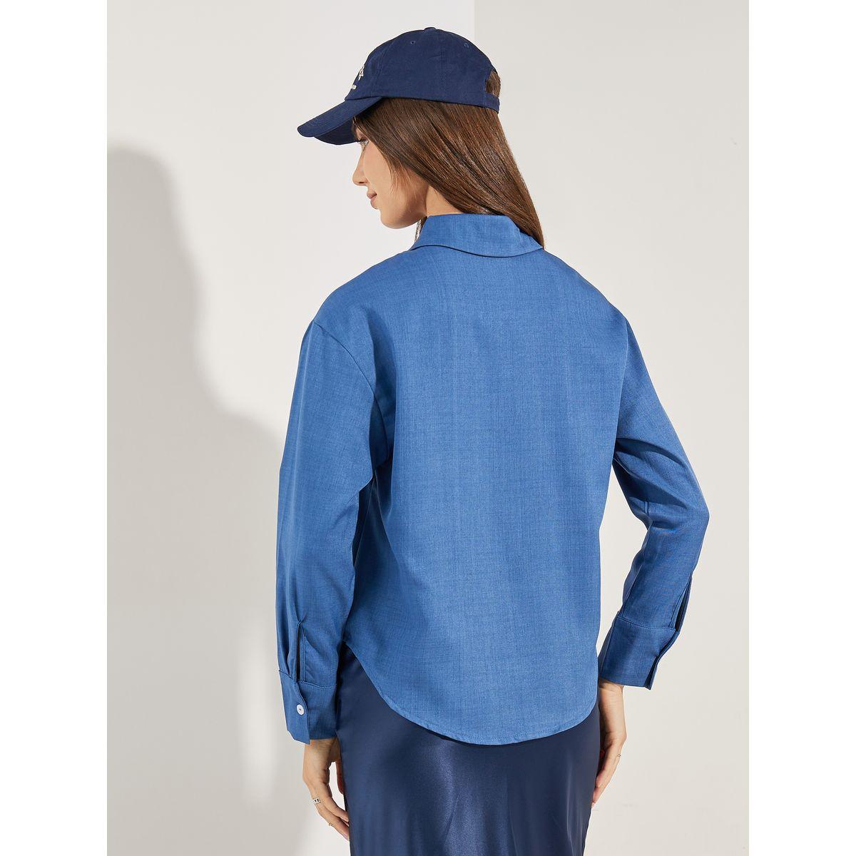 بلوزة شمبراي مطبعة بشعار مع ازرار-women-clothing-shirtsandblouses-shirts-image-5
