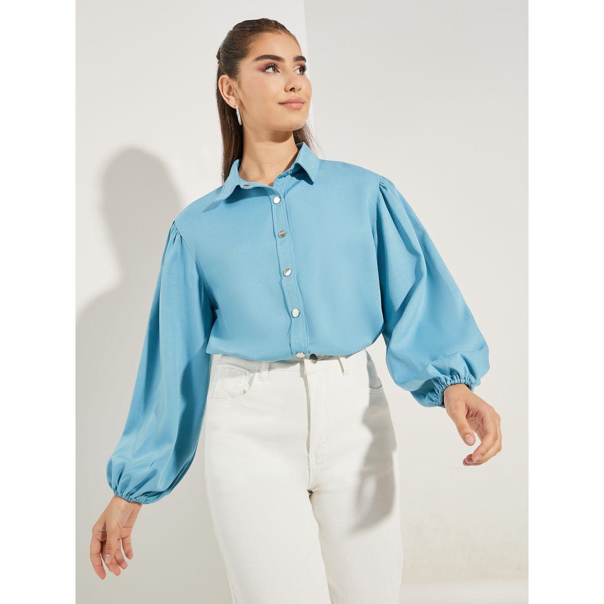 بلوزة شمبراي باكمام بالون وازرار معدنية-women-clothing-shirtsandblouses-shirts-image-1