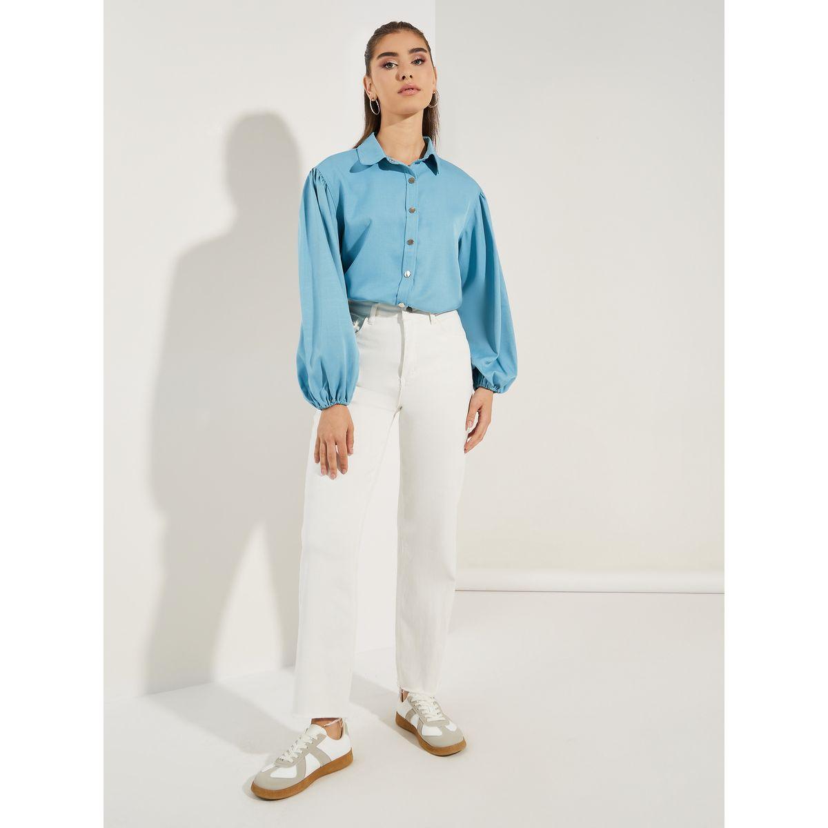 Styli Chambray Balloon Sleeves Shirt with Metal Buttons-women-clothing-shirtsandblouses-shirts-image-2