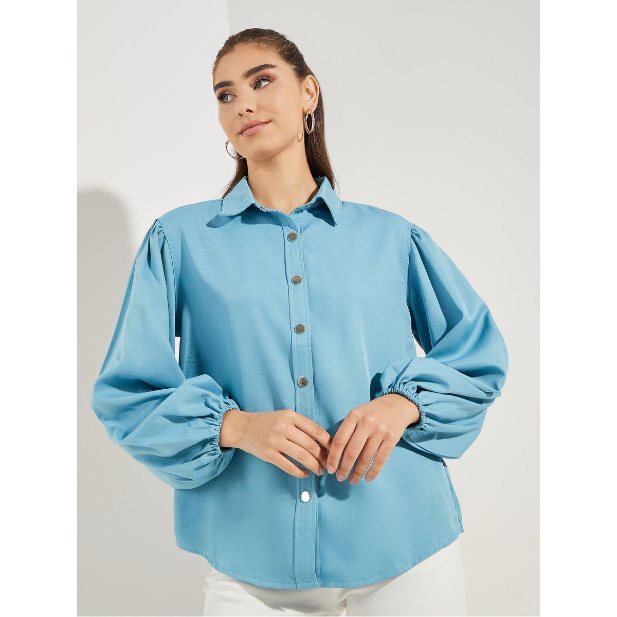 بلوزة شمبراي باكمام بالون وازرار معدنية-women-clothing-shirtsandblouses-shirts-image-3