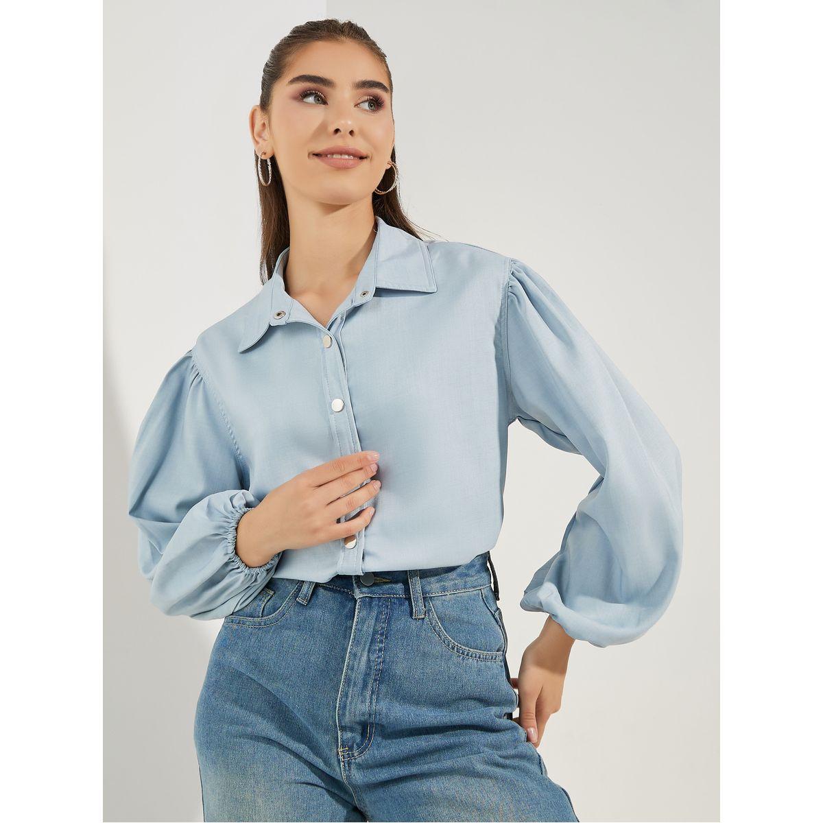 Styli Chambray Balloon Sleeves Shirt with Metal Buttons-women-clothing-shirtsandblouses-shirts-image-1