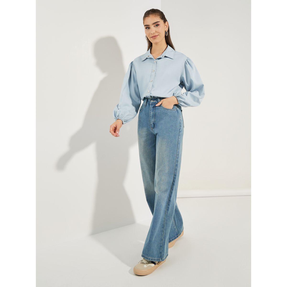 Styli Chambray Balloon Sleeves Shirt with Metal Buttons-women-clothing-shirtsandblouses-shirts-image-2