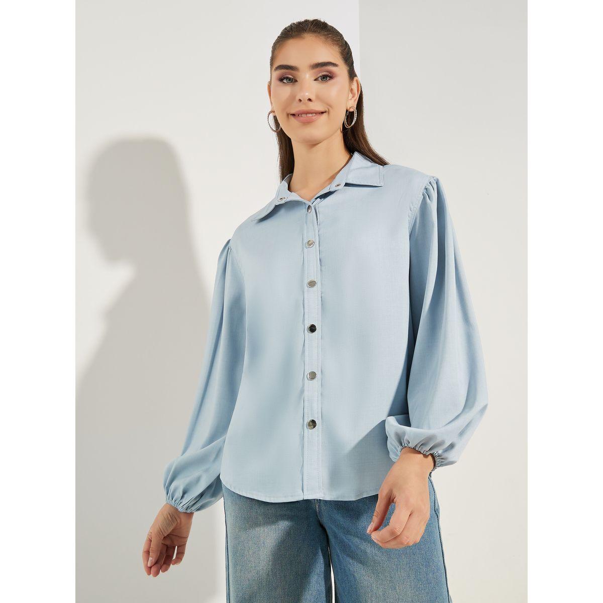Styli Chambray Balloon Sleeves Shirt with Metal Buttons-women-clothing-shirtsandblouses-shirts-image-3