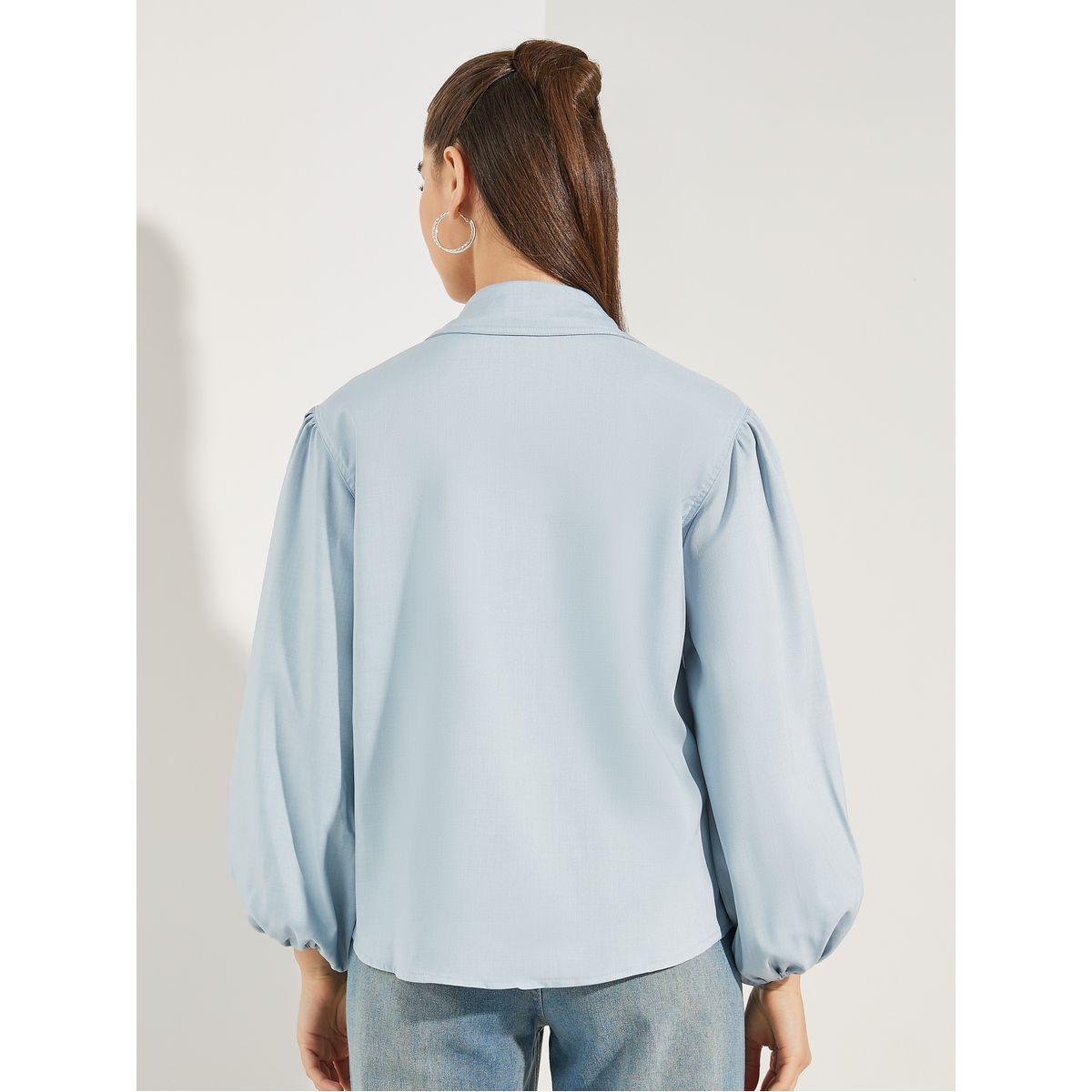 Styli Chambray Balloon Sleeves Shirt with Metal Buttons-women-clothing-shirtsandblouses-shirts-image-5