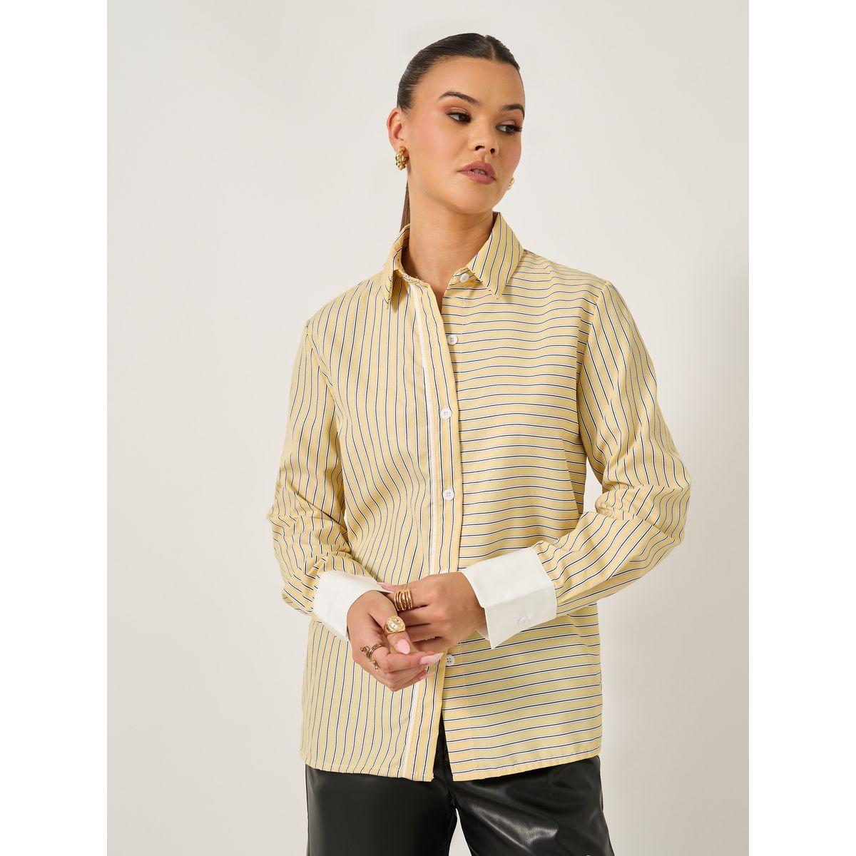 Styli Striped Regular Fit Shirt with Solid Contrast Cuffs Detail-women-clothing-shirtsandblouses-shirts-image-1