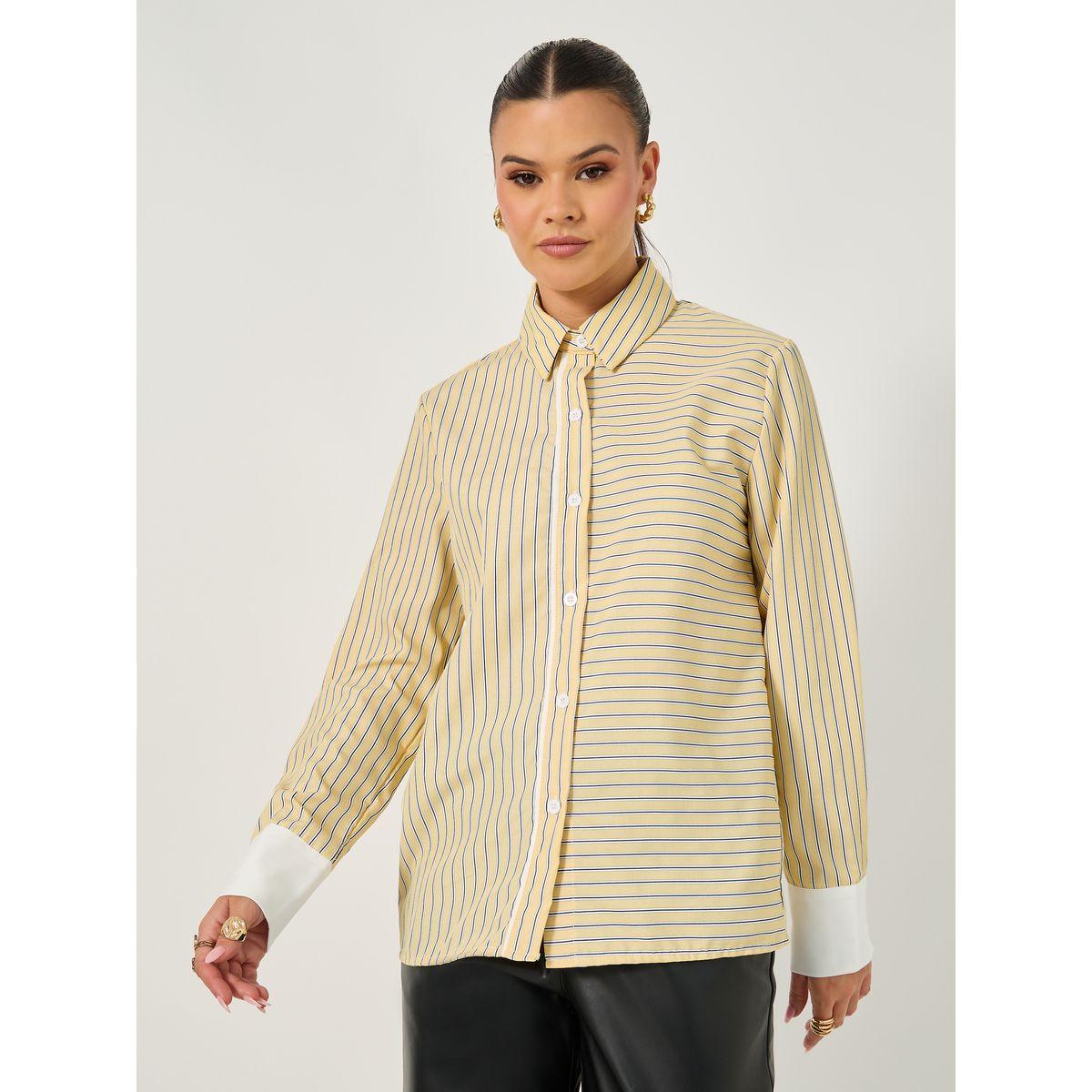 Styli Striped Regular Fit Shirt with Solid Contrast Cuffs Detail-women-clothing-shirtsandblouses-shirts-image-2