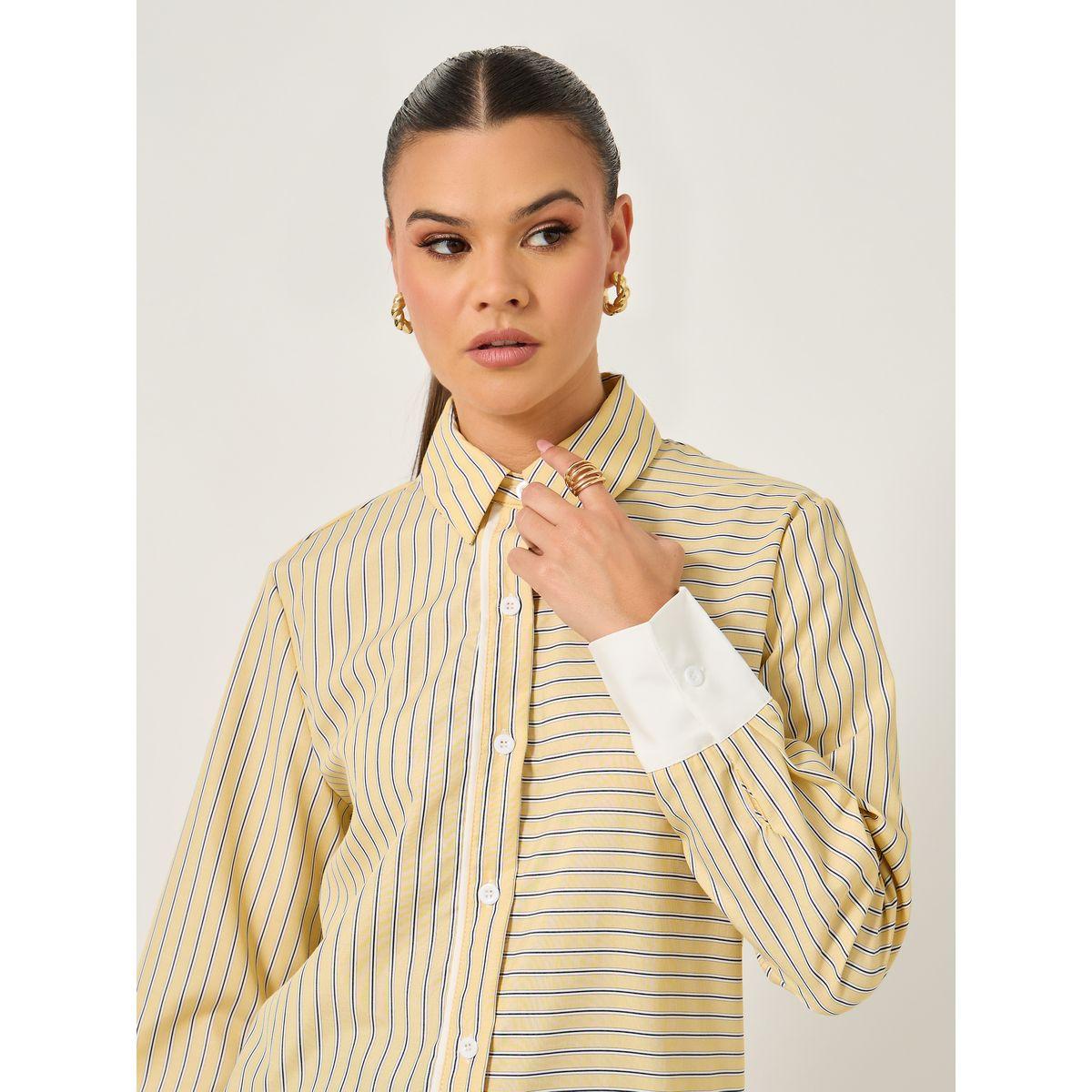 Styli Striped Regular Fit Shirt with Solid Contrast Cuffs Detail-women-clothing-shirtsandblouses-shirts-image-4