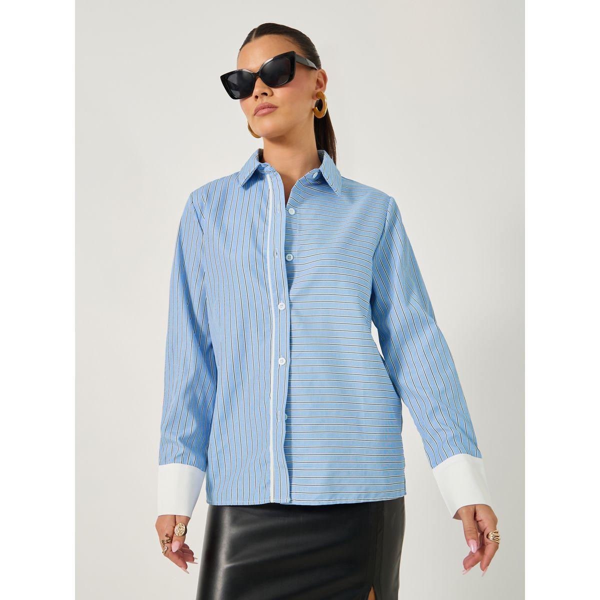 Styli Striped Regular Fit Shirt with Solid Contrast Cuffs Detail-women-clothing-shirtsandblouses-shirts-image-1