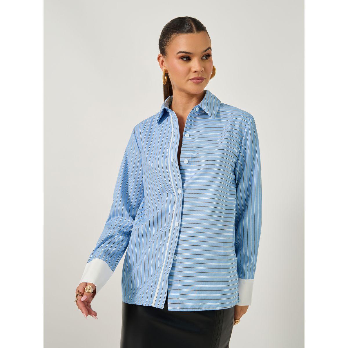 Styli Striped Regular Fit Shirt with Solid Contrast Cuffs Detail-women-clothing-shirtsandblouses-shirts-image-2