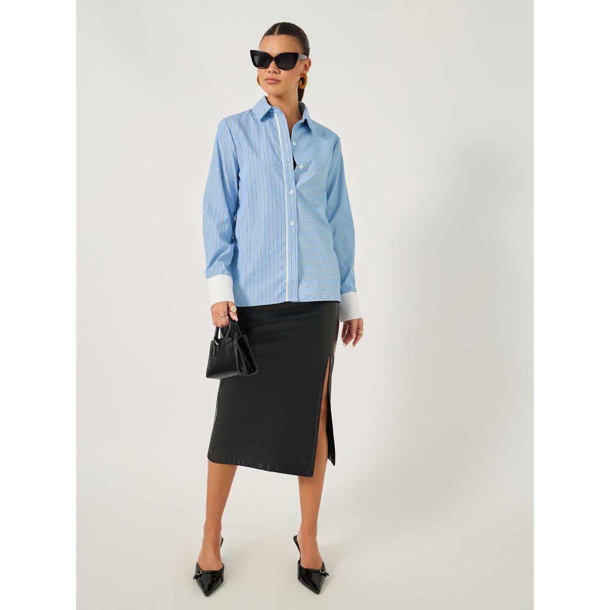Styli Striped Regular Fit Shirt with Solid Contrast Cuffs Detail-women-clothing-shirtsandblouses-shirts-image-3