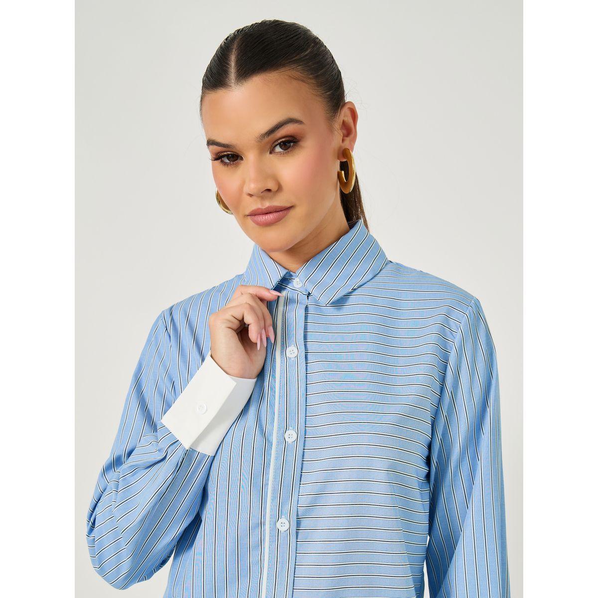 Styli Striped Regular Fit Shirt with Solid Contrast Cuffs Detail-women-clothing-shirtsandblouses-shirts-image-4