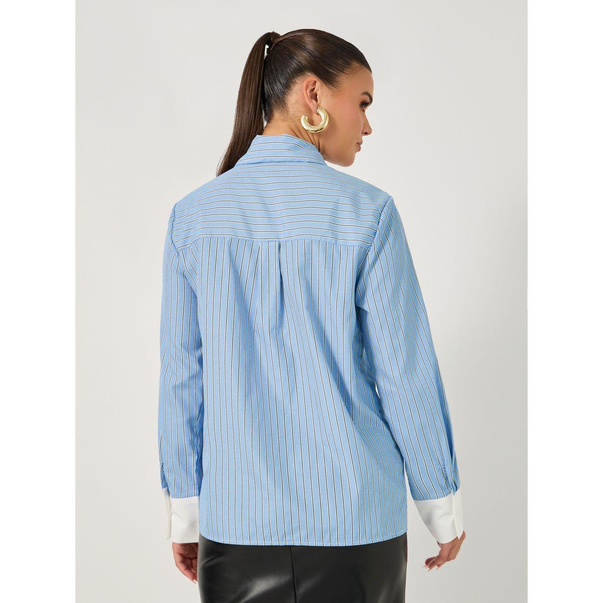 Styli Striped Regular Fit Shirt with Solid Contrast Cuffs Detail-women-clothing-shirtsandblouses-shirts-image-6