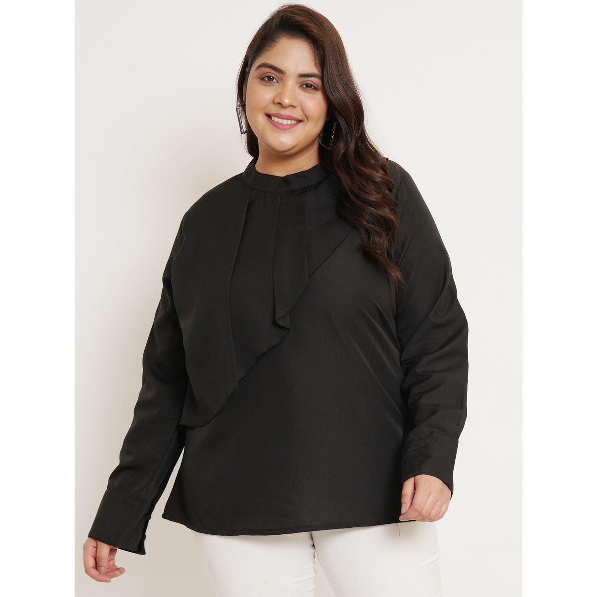 بلوزة سادة بمقاس كبير مع ياقة عالية وكسرات يو آند إف × ستايلي-women-clothing-shirtsandblouses-blouses-image-1