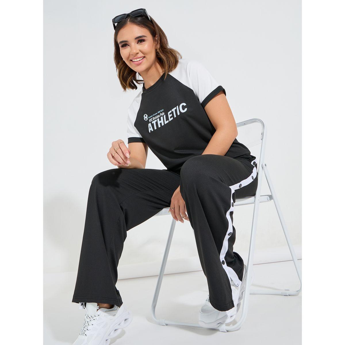 Styli Color Block Slogan Print T-Shirt & Side Popper Button Joggers Co-Ords-women-clothing-coordsets-image-1