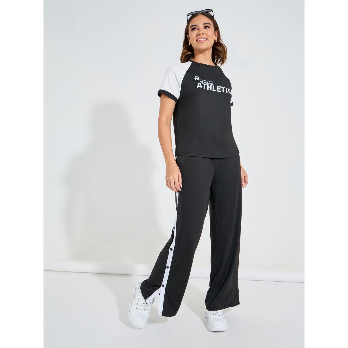 Styli Color Block Slogan Print T-Shirt & Side Popper Button Joggers Co-Ords-women-clothing-coordsets-image-2