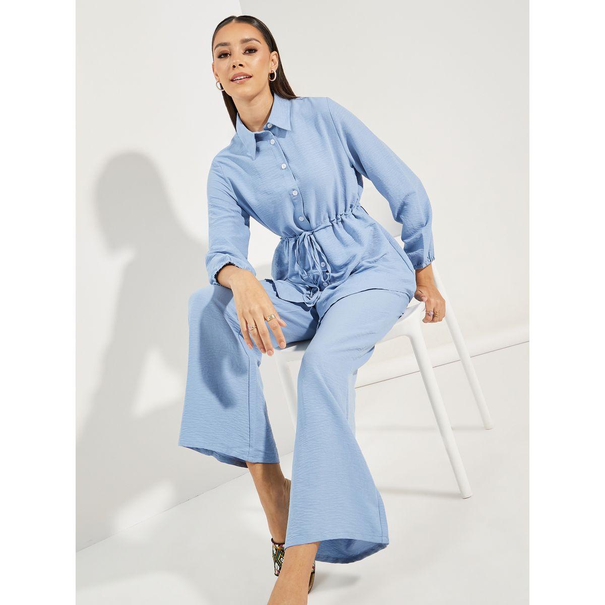 Styli Longline Ruched Waist Shirt & Wide Leg Pants Modest Set-women-arabicclothing-sets-image-1
