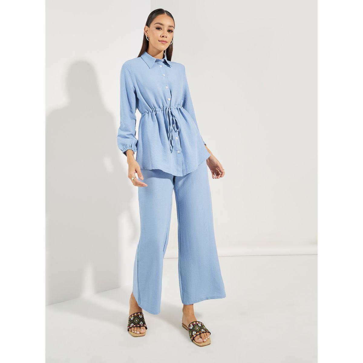 Styli Longline Ruched Waist Shirt & Wide Leg Pants Modest Set-women-arabicclothing-sets-image-2