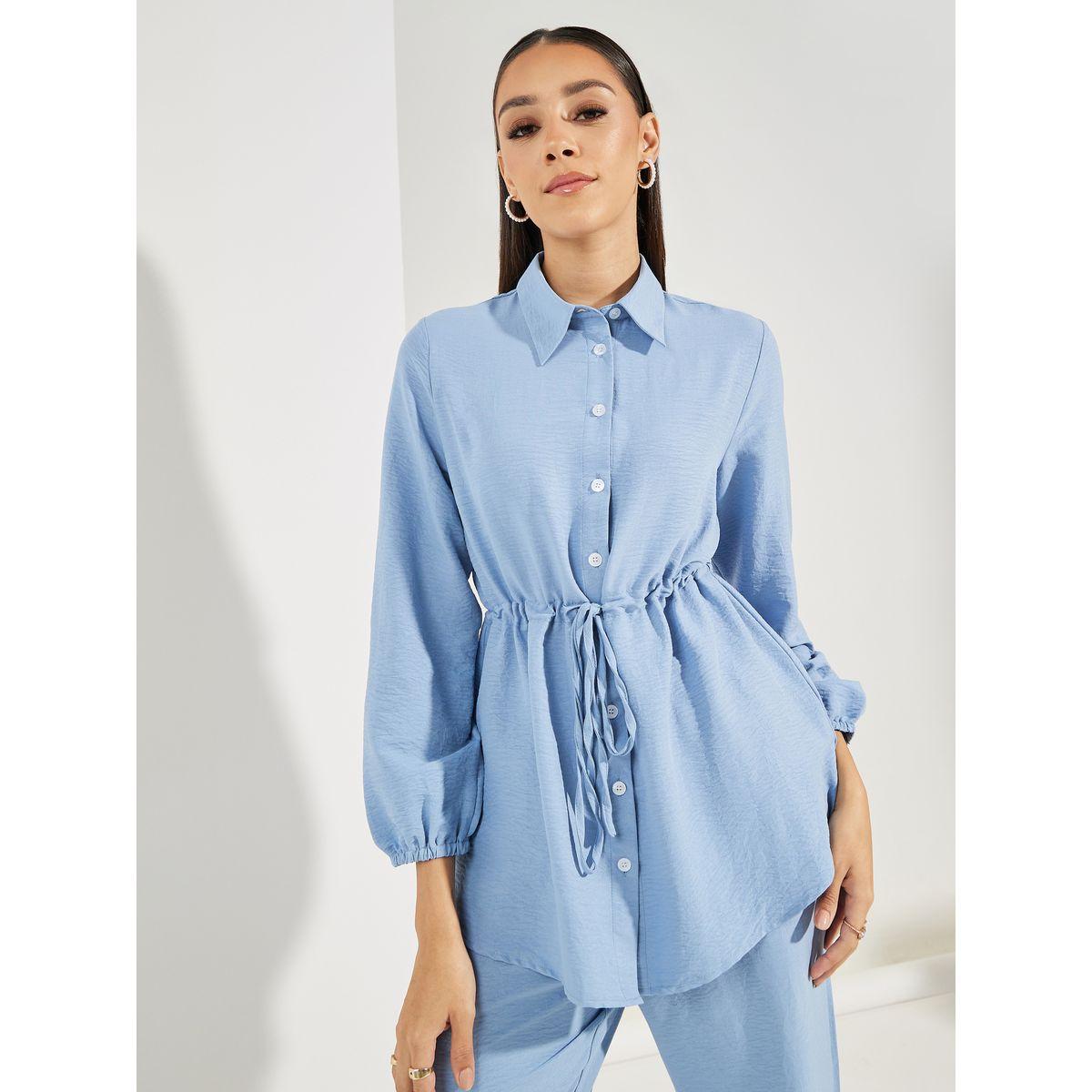 Styli Longline Ruched Waist Shirt & Wide Leg Pants Modest Set-women-arabicclothing-sets-image-3