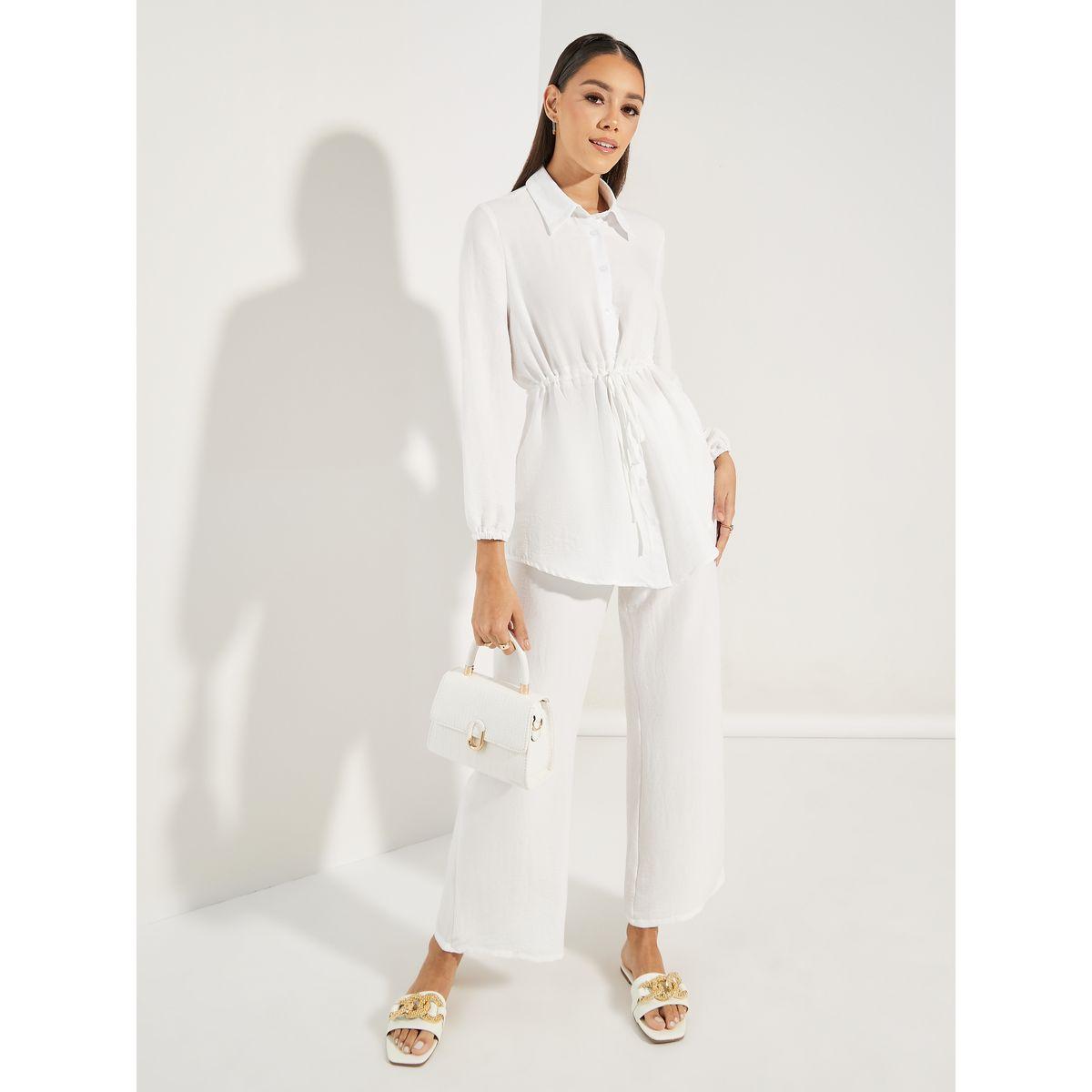 Styli Longline Ruched Waist Shirt & Wide Leg Pants Modest Set-women-arabicclothing-sets-image-1