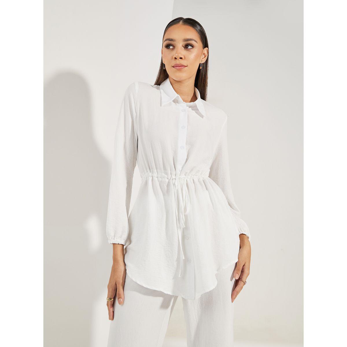 Styli Longline Ruched Waist Shirt & Wide Leg Pants Modest Set-women-arabicclothing-sets-image-2