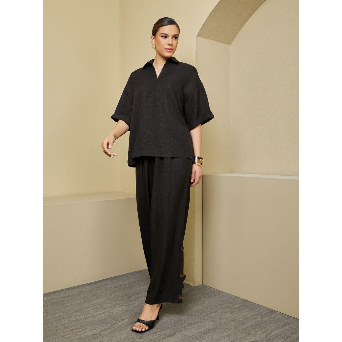 طقم منسق من بلوزة فضفاضة بأكمام قصيرة مع بنطال بأرجل واسعة-women-arabicclothing-sets-image-3