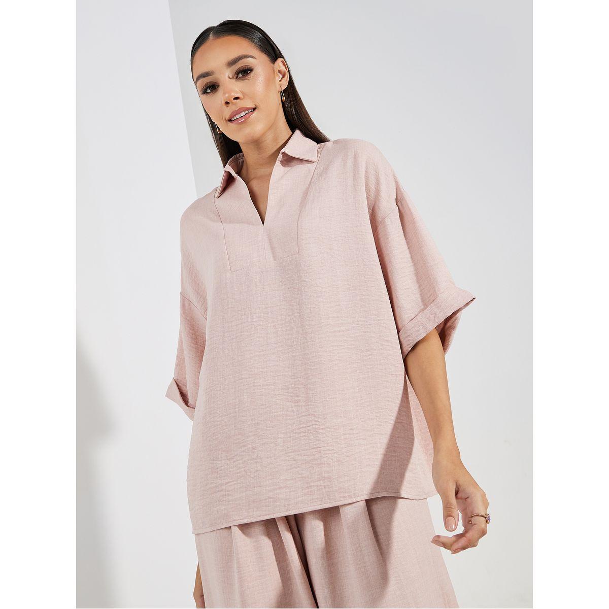 مجموعة من بنطال مزين بازرار مع بلوزة بمظهر دنيم-women-clothing-coordsets-image-3