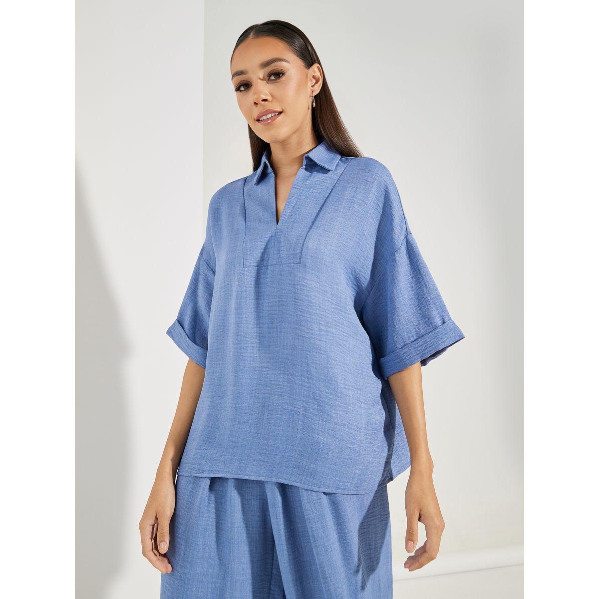 مجموعة من بنطال مزين بازرار مع بلوزة بمظهر دنيم-women-clothing-coordsets-image-2